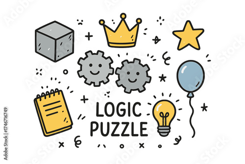 Logic Puzzle Icons. Logic puzzle doodle icon set: hand drawn icons of cube, gears with smile, crown, star, balloon, notebook, and