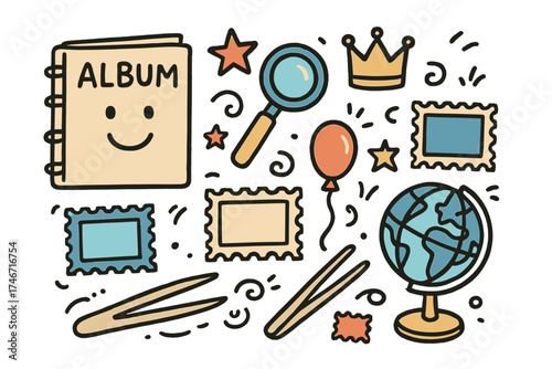 Stamp Collecting Icons. Stamp collecting doodle icon set: hand drawn icons of album with smile, magnifier, crown, star, balloon,