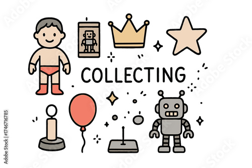 Figurine Collecting Icons. Figurine collecting doodle icon set: hand drawn icons of action figure with smile, shelf, crown, star,
