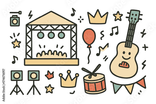 Festival Stage Doodle. Festival stage doodle icon set: hand drawn icons of big stage, lights, guitar with smile, crown, star,