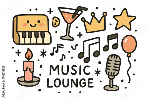 Music Lounge Doodles. Music lounge doodle icon set: hand drawn icons of piano with smile, cocktail, crown, star, balloon, notes,