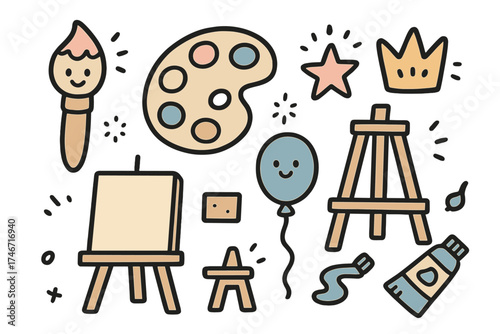 Art Workshop Icons. Painting workshop doodle icon set: hand drawn icons of paintbrush with smile, palette, crown, star, balloon,
