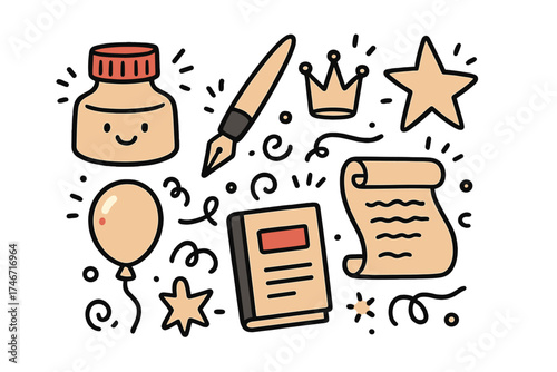 Calligraphy Workshop Icons. Calligraphy workshop doodle icon set: hand drawn icons of ink bottle with smile, pen, crown, star,