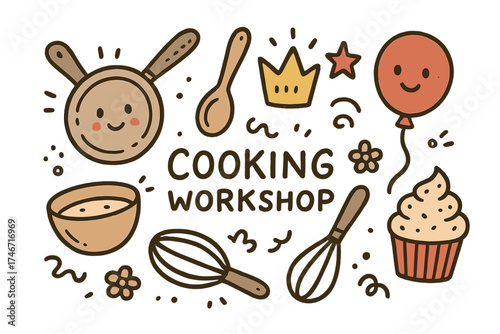Cooking Workshop Doodles. Cooking workshop doodle icon set: hand drawn icons of frying pan with smile, spoon, crown, star, balloon