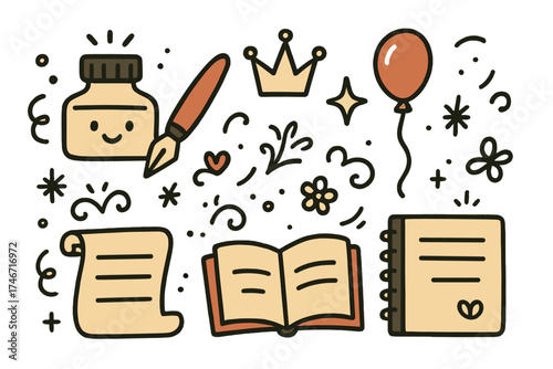 Calligraphy Workshop Icons. Calligraphy workshop doodle icon set: hand drawn icons of ink bottle with smile, pen, crown, star,