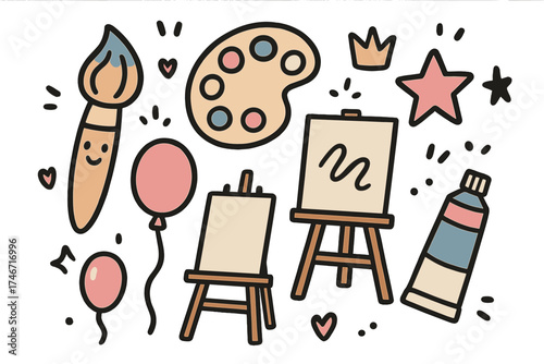Art Workshop Icons. Painting workshop doodle icon set: hand drawn icons of paintbrush with smile, palette, crown, star, balloon,
