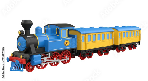 Fotografia Isolated vintage toy steam train locomotive with passenger cars transport playth