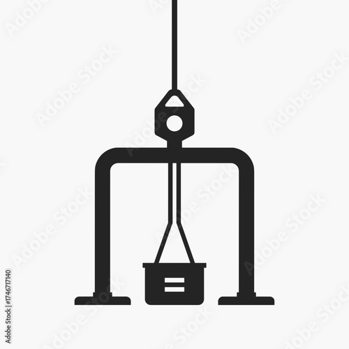 Isolated construction icon of lifting crane with bucket on clean backdrop for engineering needs. Construction icon depicts structural integrity for site management.