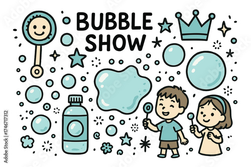 Bubble Doodle Icons. Bubble show doodle icon set: hand drawn icons of bubble wand with smile, crown, star, balloon, giant bubble,