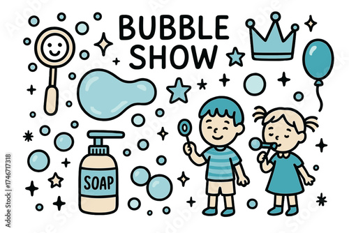 Bubble Doodle Icons. Bubble show doodle icon set: hand drawn icons of bubble wand with smile, crown, star, balloon, giant bubble,