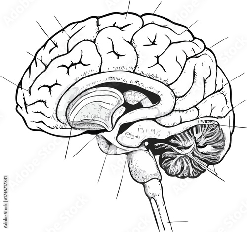 Detailed sagittal view of the human brain showing key structures and regions