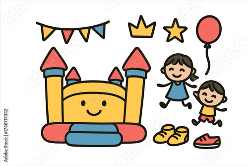 Bouncy Castle Icons. Bouncy castle doodle icon set: hand drawn icons of inflatable castle with smile, crown, star, balloon, kids,