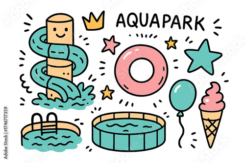 Aquapark Doodle Icons. Aquapark doodle icon set: hand drawn icons of water slide with smile, float, crown, star, balloon, pool,