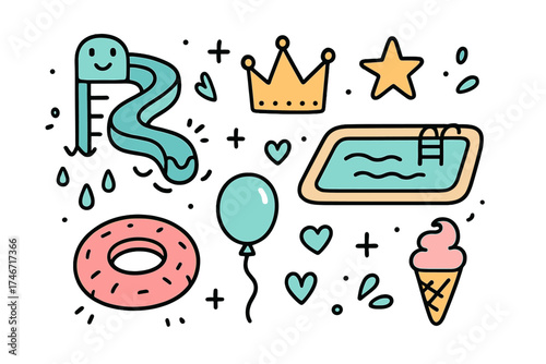 Aquapark Doodle Icons. Aquapark doodle icon set: hand drawn icons of water slide with smile, float, crown, star, balloon, pool,