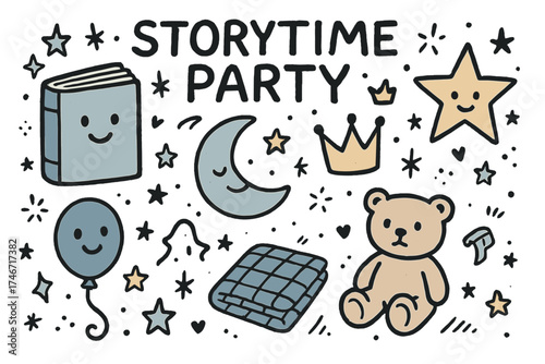 Storytime Doodle Icons. Storytime party doodle icon set: hand drawn icons of book with smile, moon, crown, star, balloon, teddy