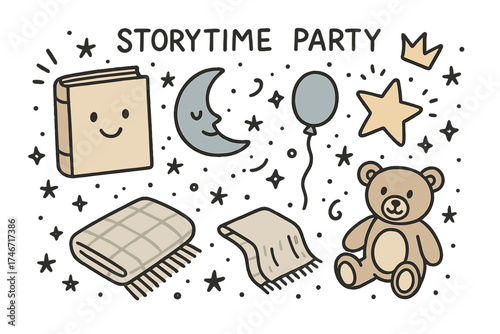 Storytime Doodle Icons. Storytime party doodle icon set: hand drawn icons of book with smile, moon, crown, star, balloon, teddy