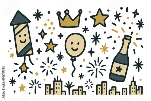 Fireworks Celebration Doodle. Fireworks night doodle icon set: hand drawn icons of rocket with smile, crown, star, balloon,