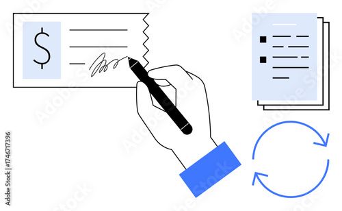 Hand signing check, stack of documents, recycle arrows denoting process flow. Ideal for finance, payment, transaction, workflow, business banking efficiency. Simple flat metaphor