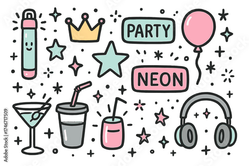 Neon Party Doodle Icons. Neon party doodle icon set: hand drawn icons of glow stick with smile, crown, star, balloon, neon signs,