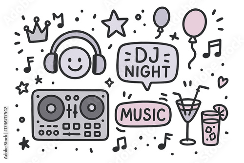 DJ Night Doodle. DJ night doodle icon set: hand drawn icons of headphones with smile, console, crown, star, balloon, neon signs,