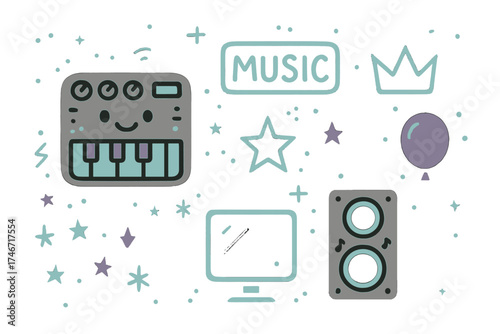Neon Synth Doodle Icons. Electronic night doodle icon set: hand drawn icons of synthesizer with smile, neon signs, crown, star,