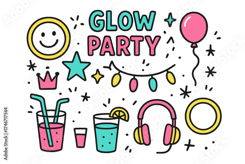 Glow Party Icons. Glow party doodle icon set: hand drawn icons of neon bracelets with smile, crown, star, balloon, lights, drinks,