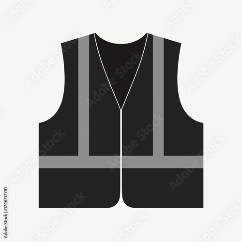Safety vest image depicts black protective workwear, with reflective stripes for visibility. Reflective safety vest, an essential safety item, protects workers in construction and traffic areas.