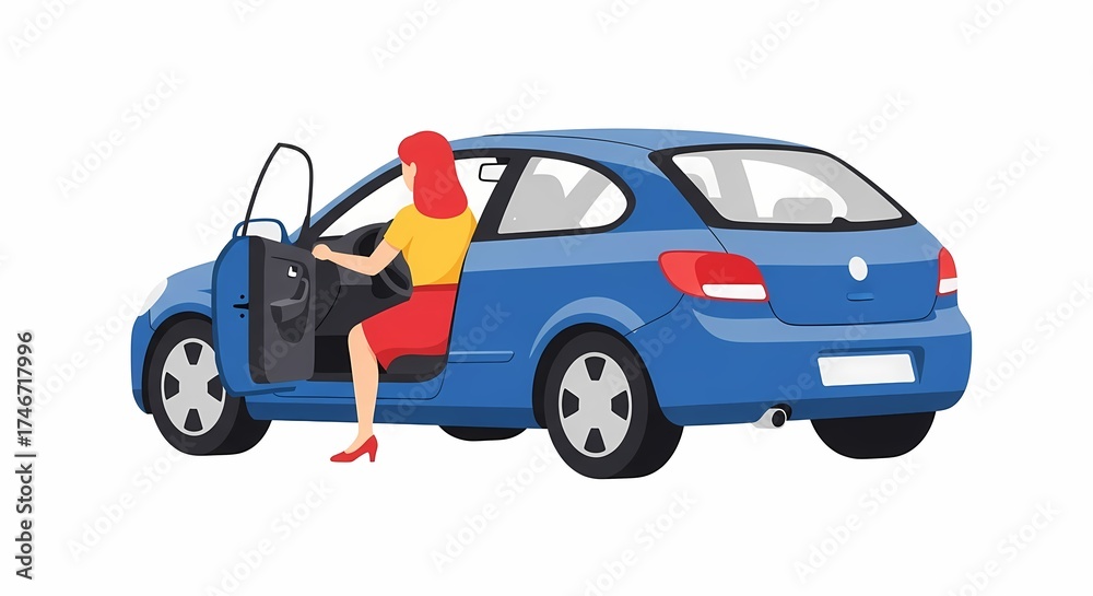 Naklejka premium A woman driving a blue car getting ready to depart to her workplace while wearing a colorful outfit for business travel commuters commuting daily to reach their destination by personal vehicle