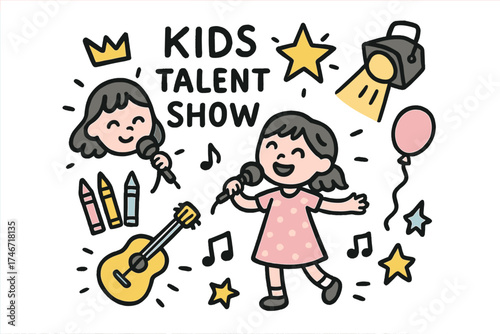Kids Talent Show. Kids talent show illustration doodle style: hand drawn child singer with smile, crown, star, balloon, crayons,