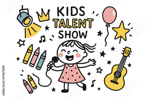 Kids Talent Show. Kids talent show illustration doodle style: hand drawn child singer with smile, crown, star, balloon, crayons,