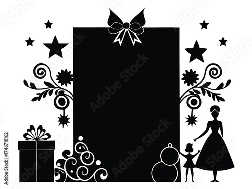 Vector art of christmas frame with mother and daughter