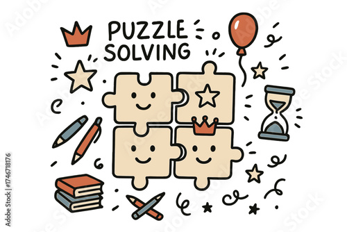 Doodle Puzzle Elements. Puzzle solving illustration doodle style: hand drawn puzzle pieces with smile, crown, star, balloon, books