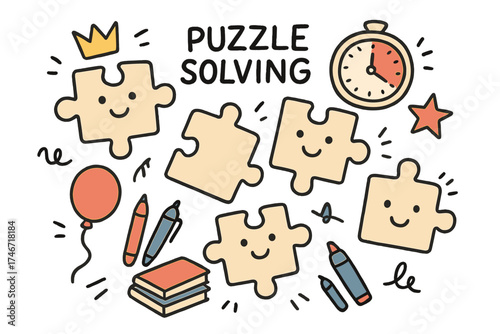 Doodle Puzzle Elements. Puzzle solving illustration doodle style: hand drawn puzzle pieces with smile, crown, star, balloon, books