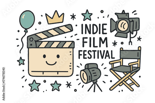 Quirky Film Festival Icons. Indie film festival illustration doodle style: hand drawn clapperboard with smile, crown, star,