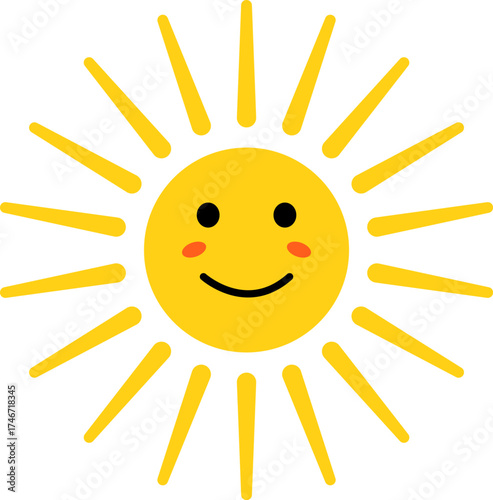 Cheerful cartoon sun with smiling face and rosy cheeks