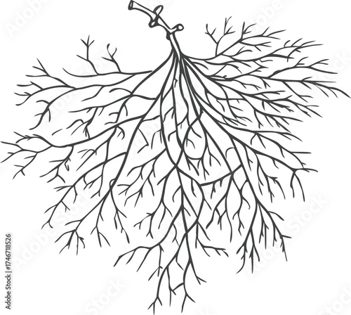 Intricate black and white botanical drawing of a delicate branching plant structure