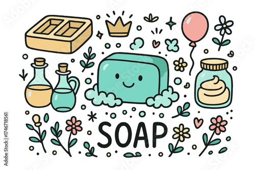 Cute Soap Doodle. Soap DIY illustration doodle style: hand drawn soap bar with smile, mold, crown, star, balloon, oils, flowers,