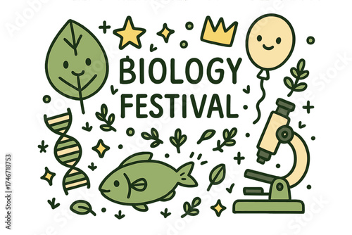 Biology Fest Doodle. Biology festival illustration doodle style: hand drawn leaf with smile, DNA strand, crown, star, balloon,