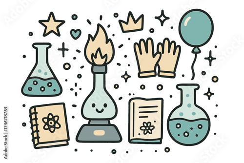 Whimsical Lab Doodle. Lab experiment illustration doodle style: hand drawn burner with smile, flasks, crown, star, balloon,