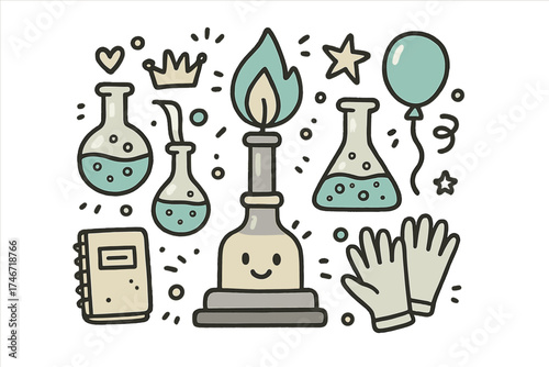 Whimsical Lab Doodle. Lab experiment illustration doodle style: hand drawn burner with smile, flasks, crown, star, balloon,