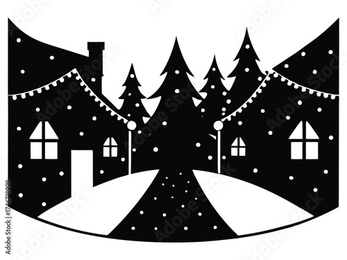 Vector art of winter landscape with house and christmas tree