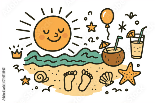 Playful Sunset Stroll. Sunset beach walk illustration doodle style: hand drawn sun with smile, waves, crown, star, balloon,
