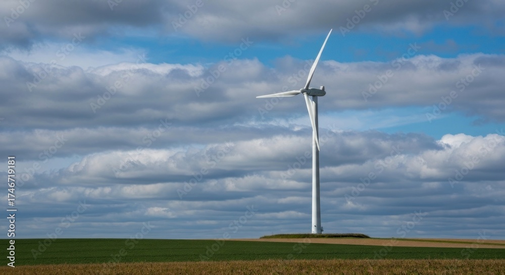 Obraz premium Wind turbine against a blue sky with fluffy clouds over golden fields