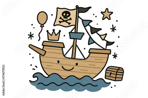 Cute Pirate Ship. Pirate ship ride illustration doodle style: hand drawn pirate ship with smile, flags, crown, star, balloon,