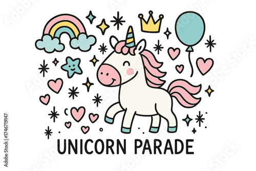 Unicorn Parade Doodle. Unicorn parade illustration doodle style: hand drawn unicorn with smile, rainbow, crown, star, balloon,
