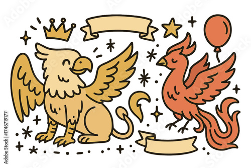 Magical Creature Parade. Magical creatures parade illustration doodle style: hand drawn griffin with smile, phoenix, crown, star,
