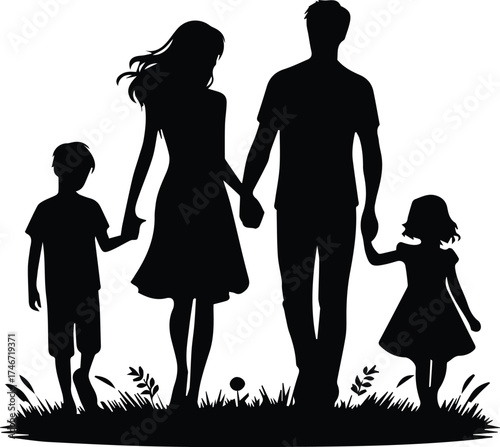 Silhouette of a family of four, including a mother, father, son, and daughter, holding hands and walking together in a grassy field.
