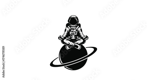 Astronaut meditating peacefully on a planet with rings, symbolizing cosmic tranquility and inner peace.