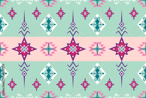 Seamless abstract geometric pattern green and pink colors. Fashion folk style ornament