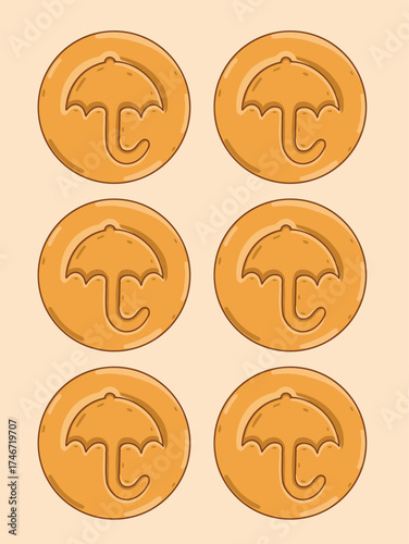 Six dalgona candies with an umbrella shape pressed into each, arranged in a grid pattern on a light beige background.